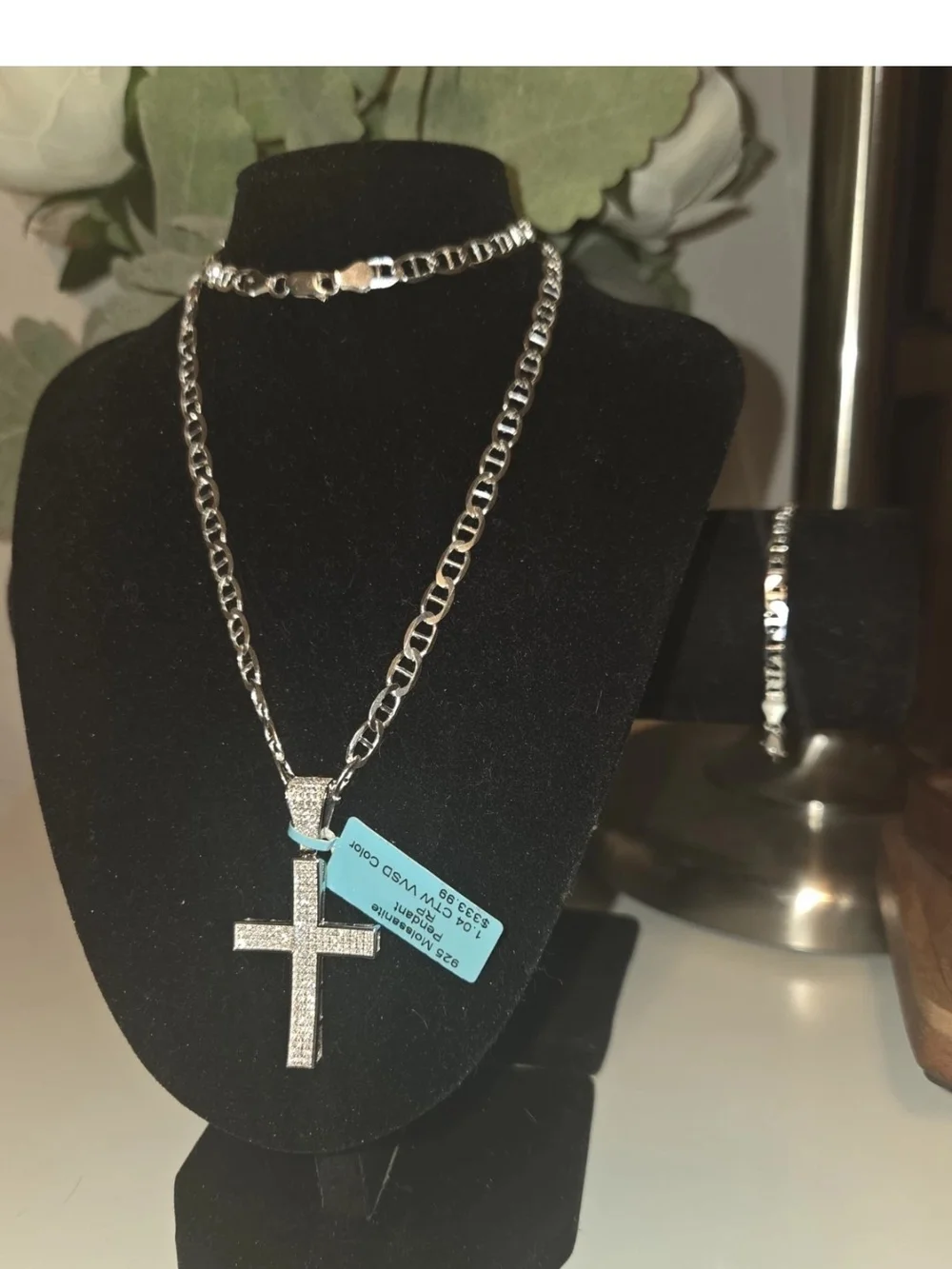 925 Sterling Silver 22in 5.2mm Mariner 7in 4.4mm Bracelet And Mossinate Cross
